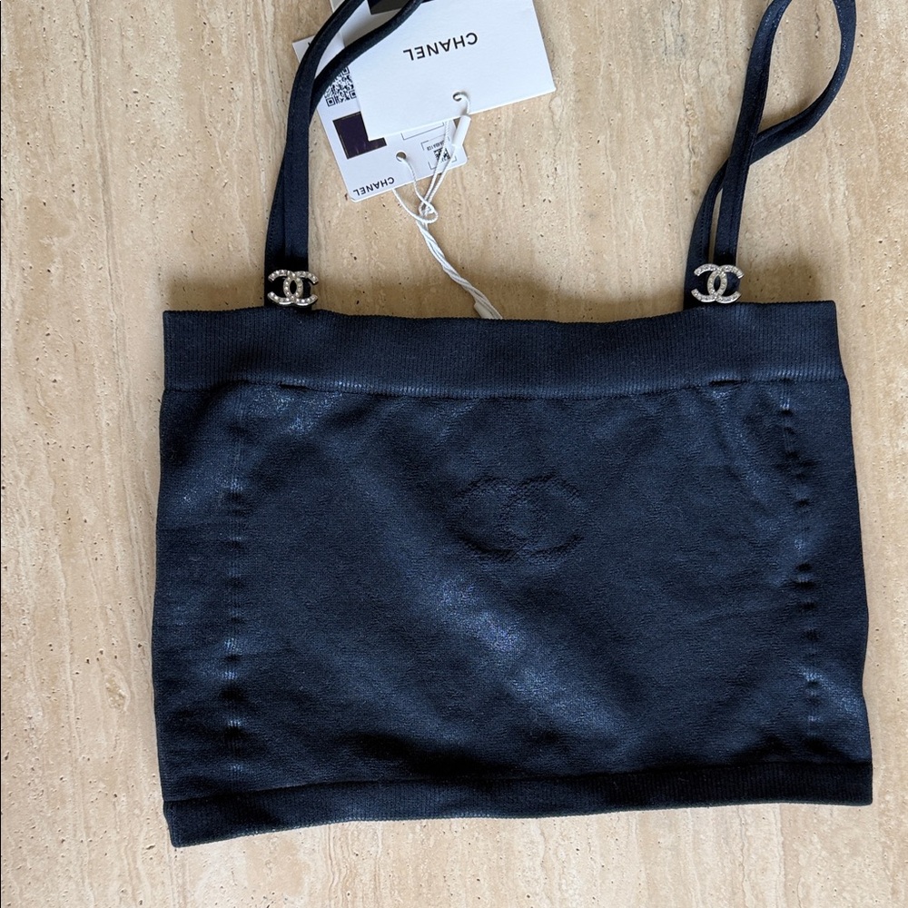 CHANEL Dark Blue/ Black cropped tank with Rhinestone CC Straps